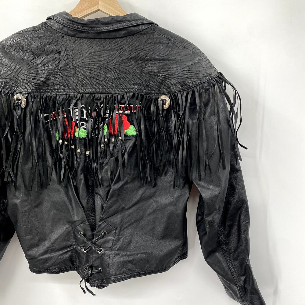 Vintage Leather Guns N Roses Fringe Embroidered Western Moto Jacket